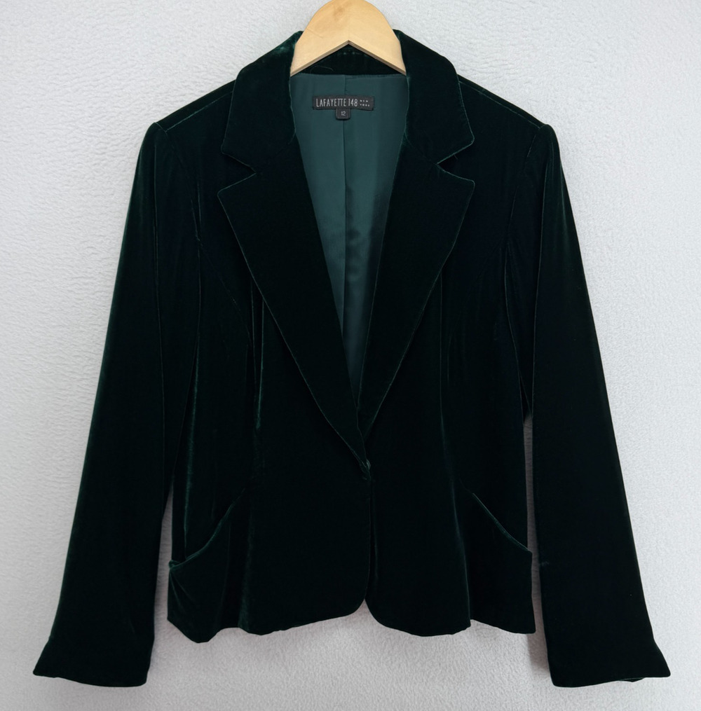 LAFAYETTE 148 NEW YORK Blazer 12 Velvet Jacket One Button Cocktail Coat Green